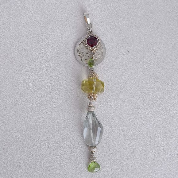 Sterling Silver Multi Gemstone Charm Pendant Garnet Aquamarine Peridot Boho 13g - Picture 3 of 6